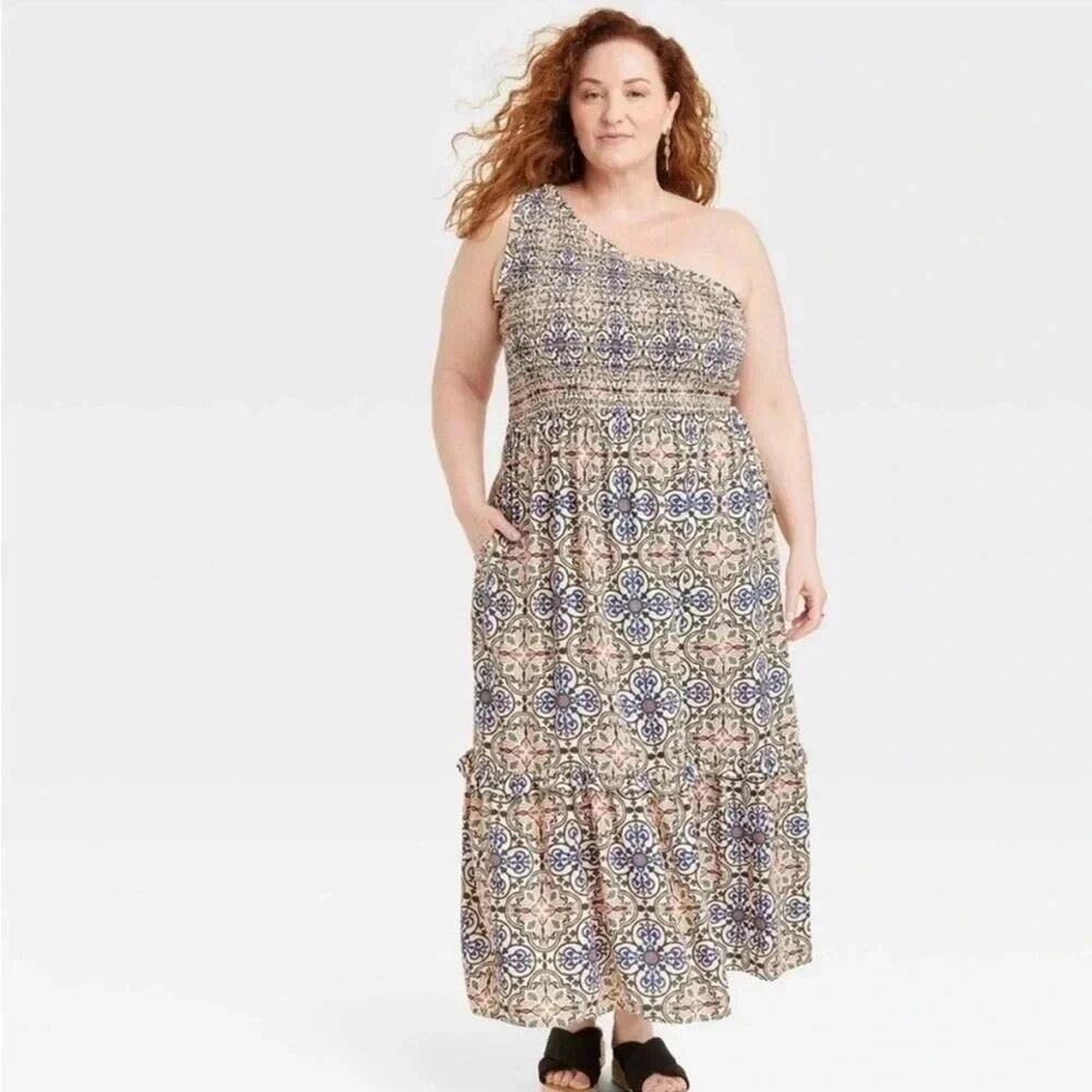 Knox Rose Womens Sleeveless One Shoulder Dress Taupe Geometric Plus size
